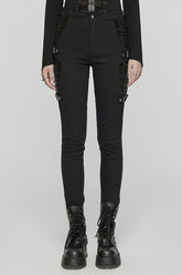 Pantalon punk pour femmes en cuir verni noir avec coutures